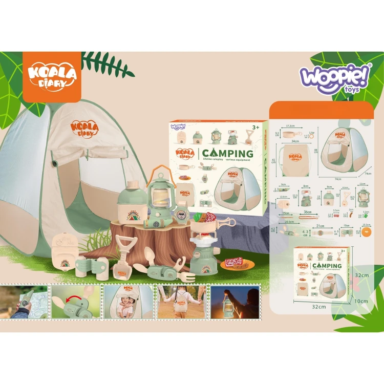 Akcesoria z 15-elementowego zestawu WOOPIE rozłożone obok namiotu — kijki, paliki, lampka i pokrowiec