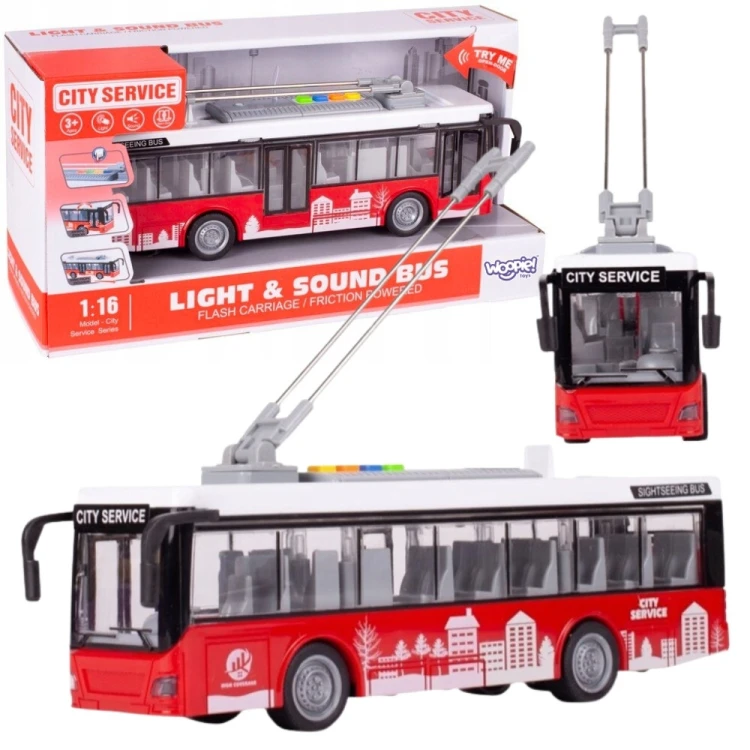 Autobus Trolejbus interaktywny WOOPIE 1:16 — widok główny z przodu, widoczne malowanie i detale nadwozia