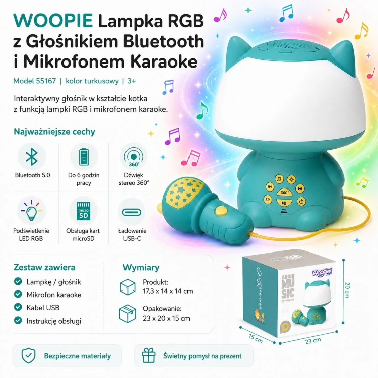 Boczny profil WOOPIE w turkusowym kolorze — kompaktowa sylwetka lampki z wbudowanym głośnikiem Bluetooth