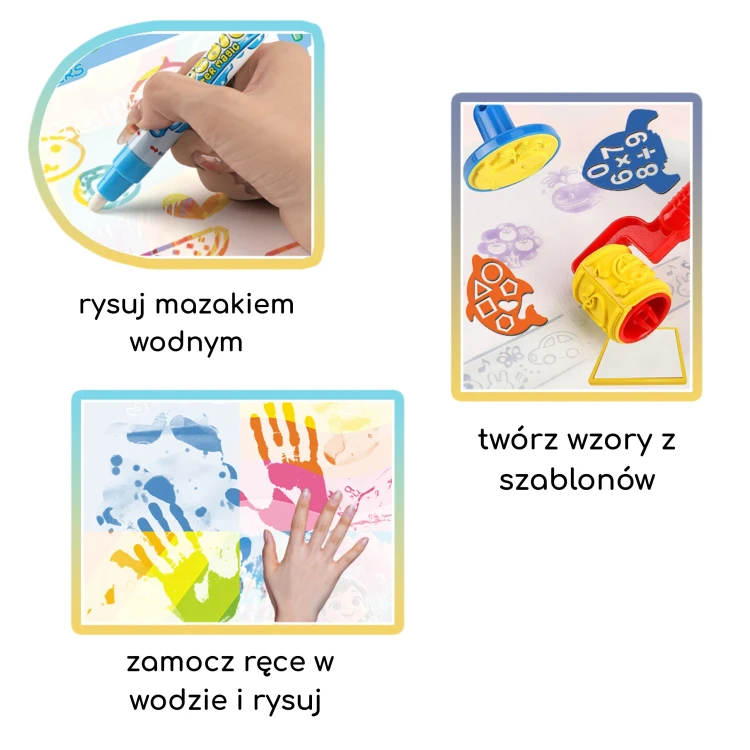 Ujęcie z góry — mata WOOPIE z namalowanymi wzorami i szablonami, pokaz funkcji malowania wodą