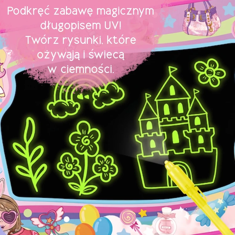 Rozłożona mata WOOPIE — cała powierzchnia z rysunkami wodnymi widoczna z góry, żywe barwy