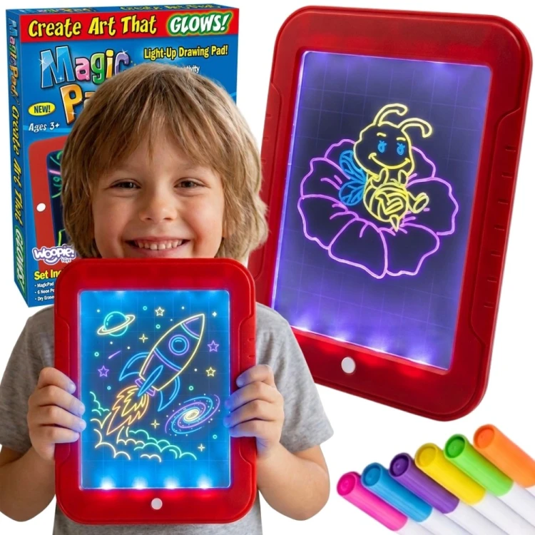 Magiczny tablet graficzny WOOPIE z neonowymi kolorami — widok frontu z aktywnym ekranem i żywym rysunkiem