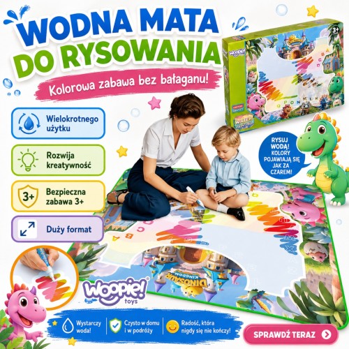 Zbliżenie na rysunki dinozaurów na macie wodnej WOOPIE — kolorowe kontury i szczegóły tekstury materiału
