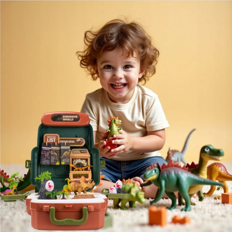 Widok z góry na zawartość WOOPIE Walizka Dinosaur World — uporządkowane przegródki i kolorowe elementy zestawu