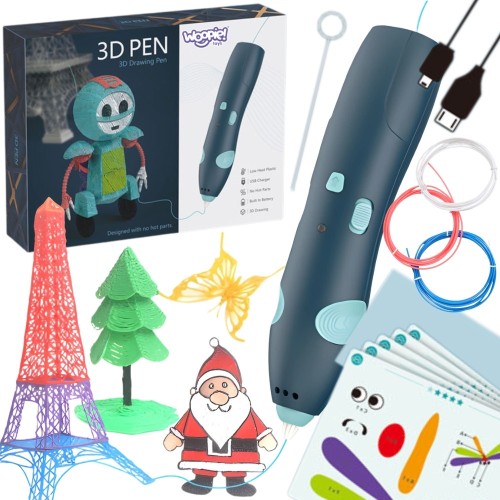 WOOPIE 3D długopis z bezpiecznymi wkładami i złączem USB — widok całego zestawu na białym tle