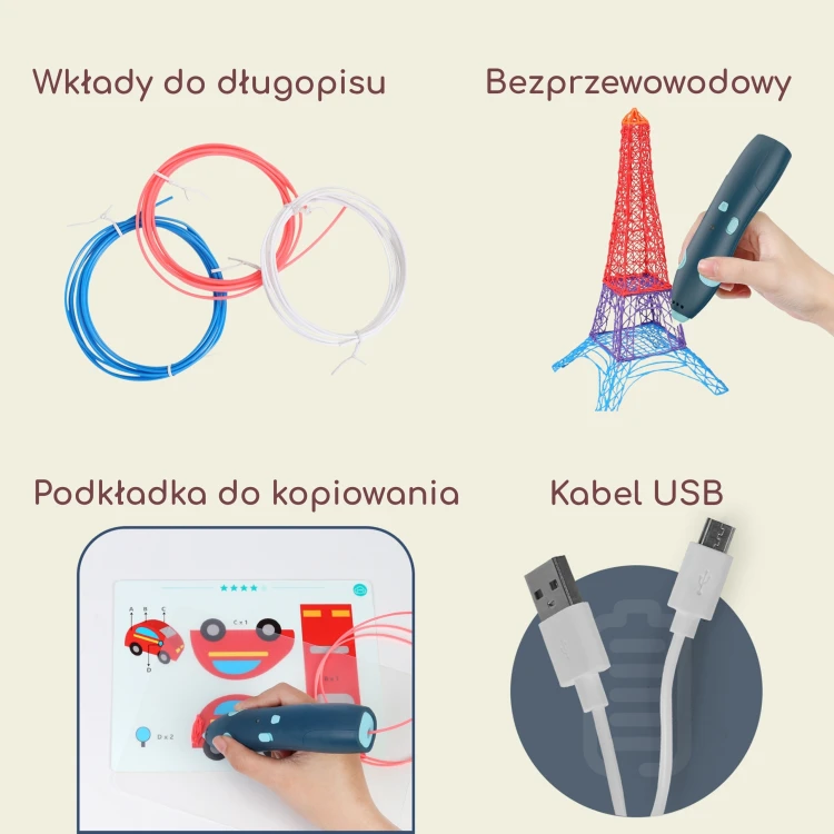 Długopis 3D WOOPIE w użyciu — ręka tworzy trójwymiarowy wzór, widać pracę mechanizmu i płynną linię filamentu