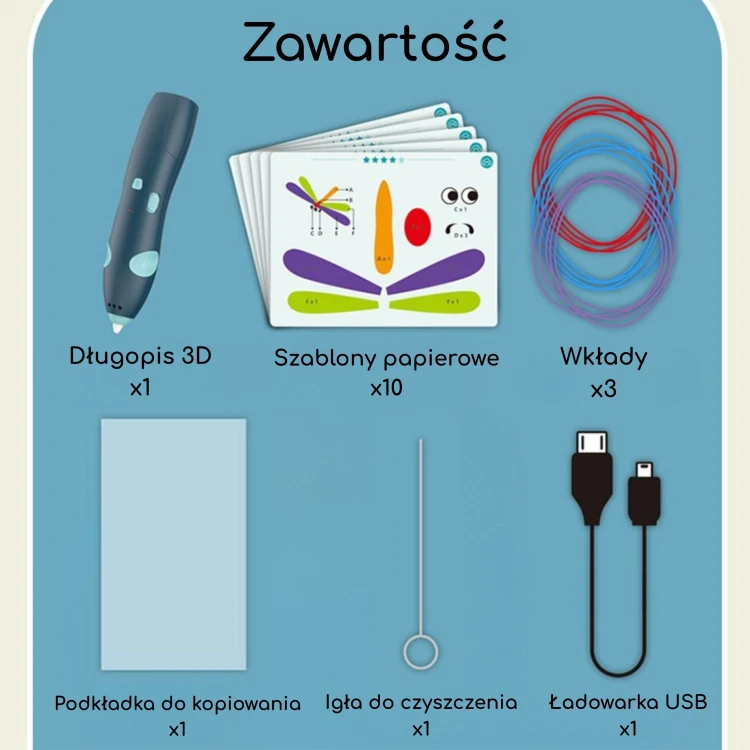 Kolorowe wkłady do długopisu 3D WOOPIE ułożone obok siebie — zbliżenie na paletę filamentów i końcówki