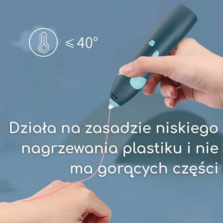 Zbliżenie na port USB i kabel długopisu 3D WOOPIE — sposób podłączenia ładowania i widoczne złącza