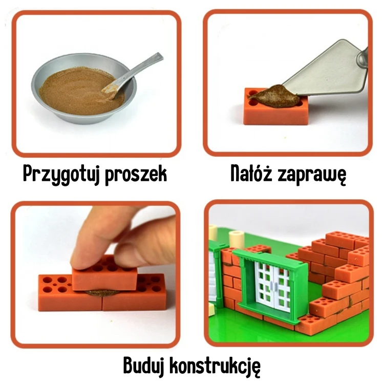 Rozłożone elementy zestawu WOOPIE 357 el. - układ cegiełek przed składaniem, widok z boku