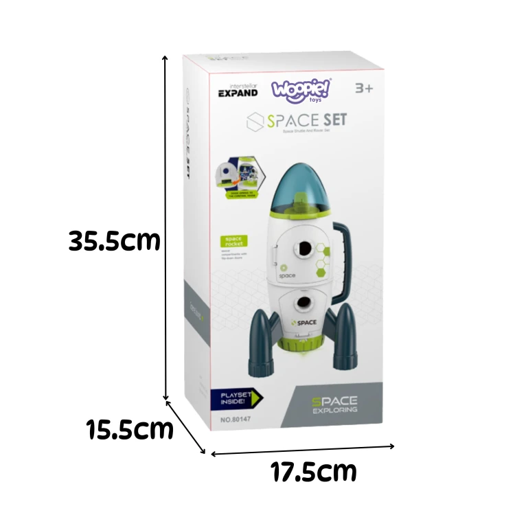 Spód i oznaczenia zestawu WOOPIE Space Set — etykieta producenta oraz elementy montażowe widoczne