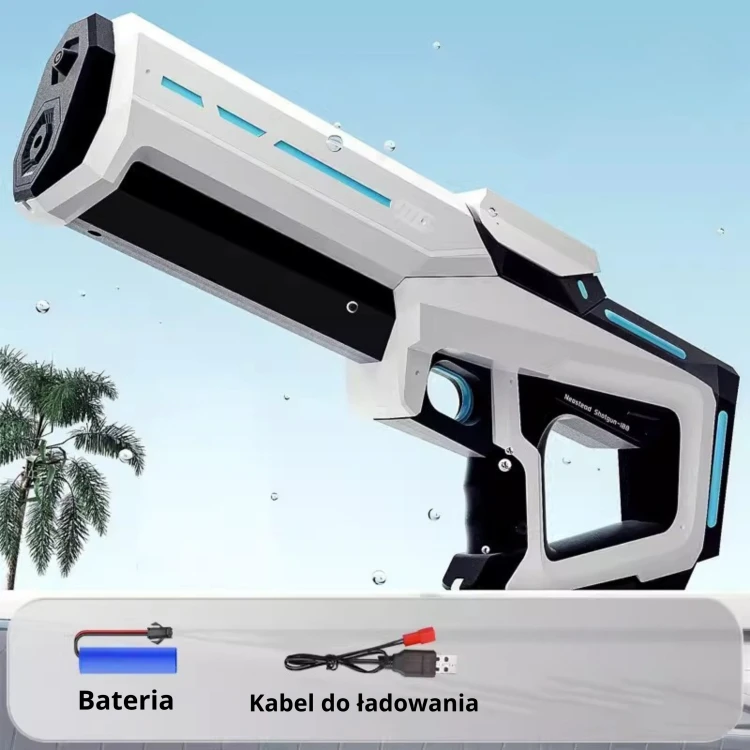 Elektryczny pistolet WOOPIE — kadr boczny ukazujący spust, profil uchwytu i linię dyszy