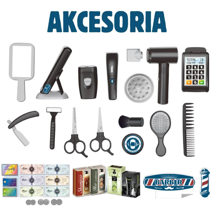 Ujęcie z góry pokazujące kolorowe elementy zestawu WOOPIE Barber — komplet gotowy do zabawy w salon stylizacji.