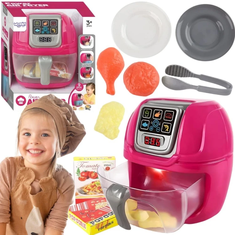 WOOPIE Air Fryer — interaktywna frytkownica dla małych kucharzy, frontowy widok z otwartą komorą i akcesoriami