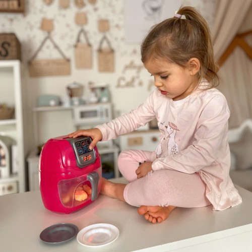 Widok z góry na panel sterowania interaktywnej frytkownicy WOOPIE Air Fryer, widoczne kolorowe przyciski i pokrętła
