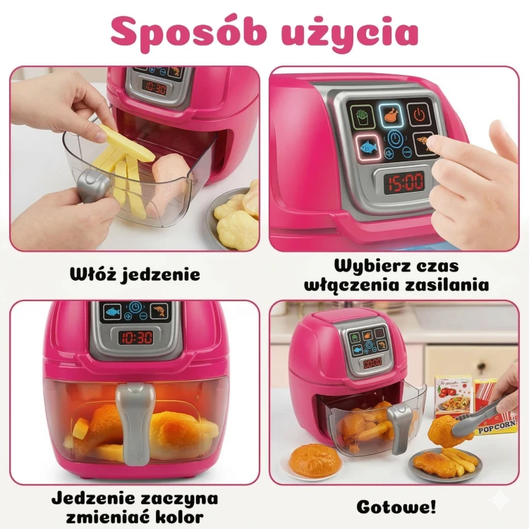 Dziecko naciskające przyciski interaktywnej frytkownicy WOOPIE — kadr pokazuje reakcję panelu i elementy sterujące