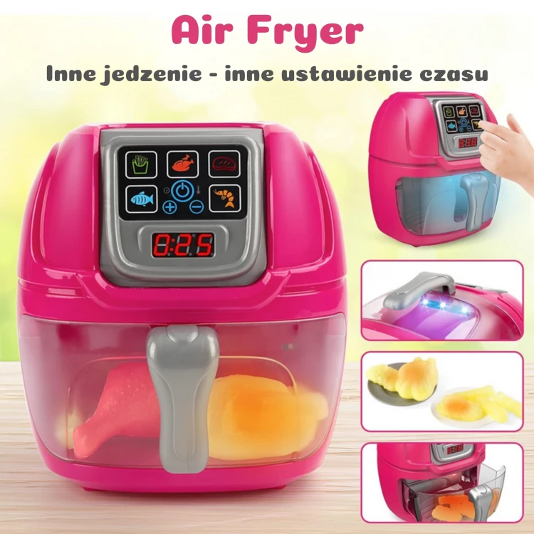 Detal elementów zestawu WOOPIE Air Fryer rozłożonych obok urządzenia — różne akcesoria i ich wykończenie z bliska