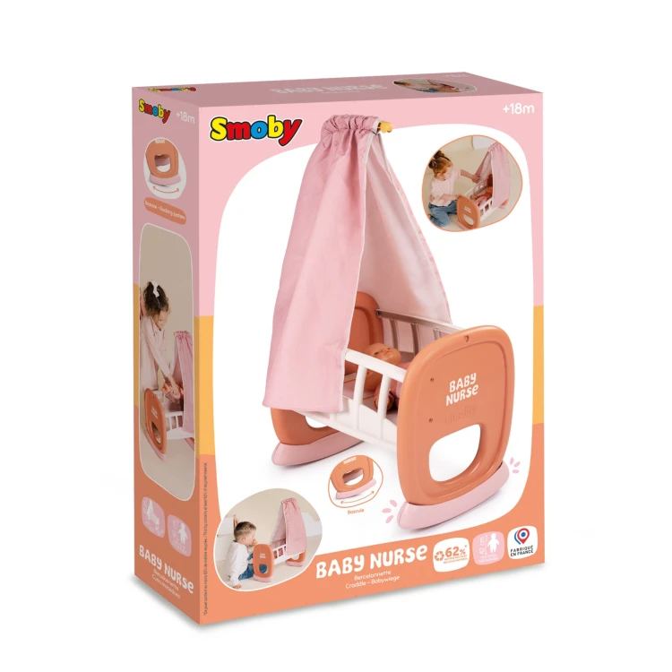 Detal z logo Smoby na kołysce Baby Nurse — metka i oznaczenia producenta widoczne w zbliżeniu