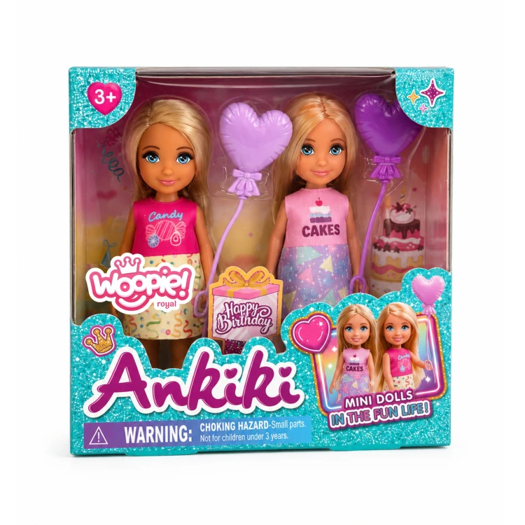 Dwie laleczki Candy i Cakes przy torcie — aranżacja urodzinowa z akcesoriami z zestawu Woopie