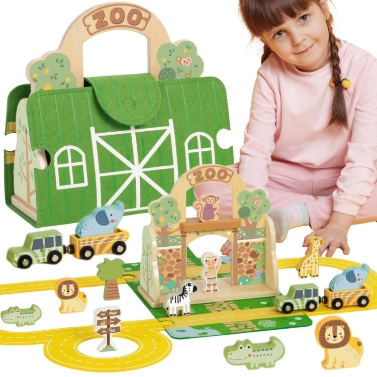 Zestaw Mini ZOO TOOKY TOY w przenośnej torbie — kolorowe zwierzątka i elementy do zabawy w widoku całości