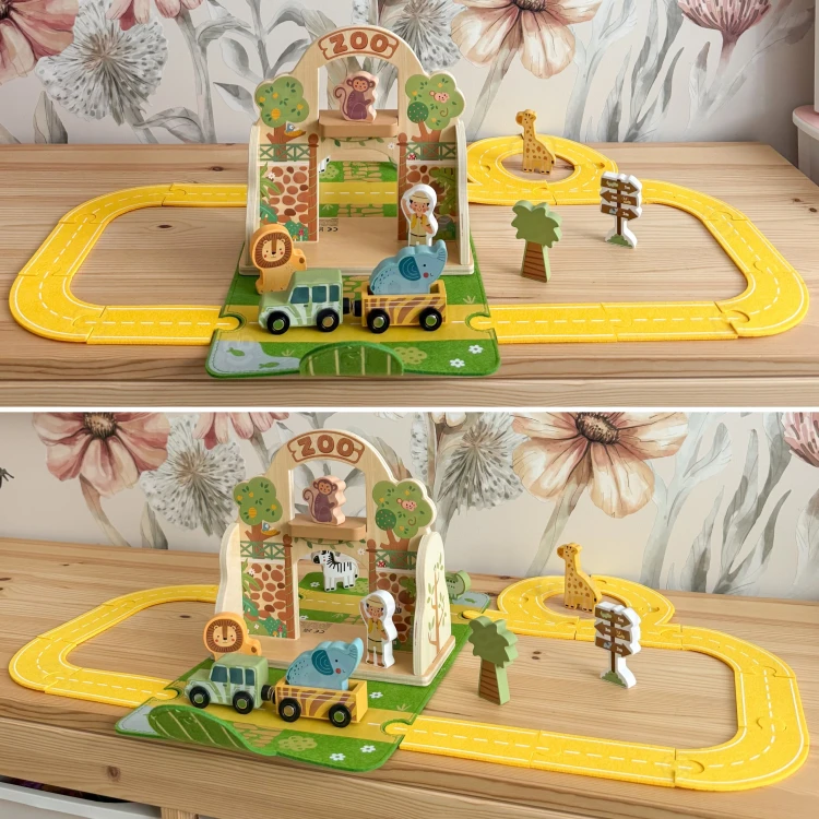 Ułożone elementy zestawu Mini ZOO TOOKY TOY w rzędzie — różnorodne sylwetki i kolory widoczne z boku