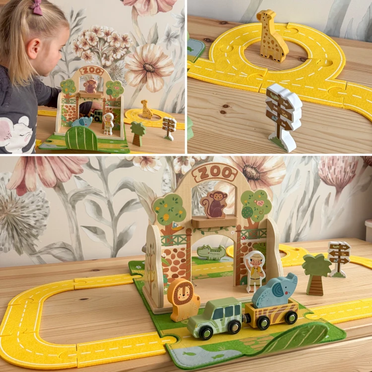 Torba z wyjętymi elementami — pokaz funkcji przenoszenia i porządkowania zestawu Mini ZOO marki TOOKY TOY