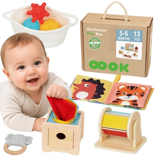 Pudełko edukacyjne WOOPIE GREEN Box XXL — widok frontu z 13 elementami sensorycznymi i wnętrzem 6w1