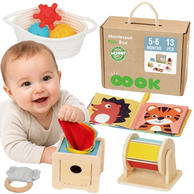 Pudełko edukacyjne WOOPIE GREEN Box XXL — widok frontu z 13 elementami sensorycznymi i wnętrzem 6w1