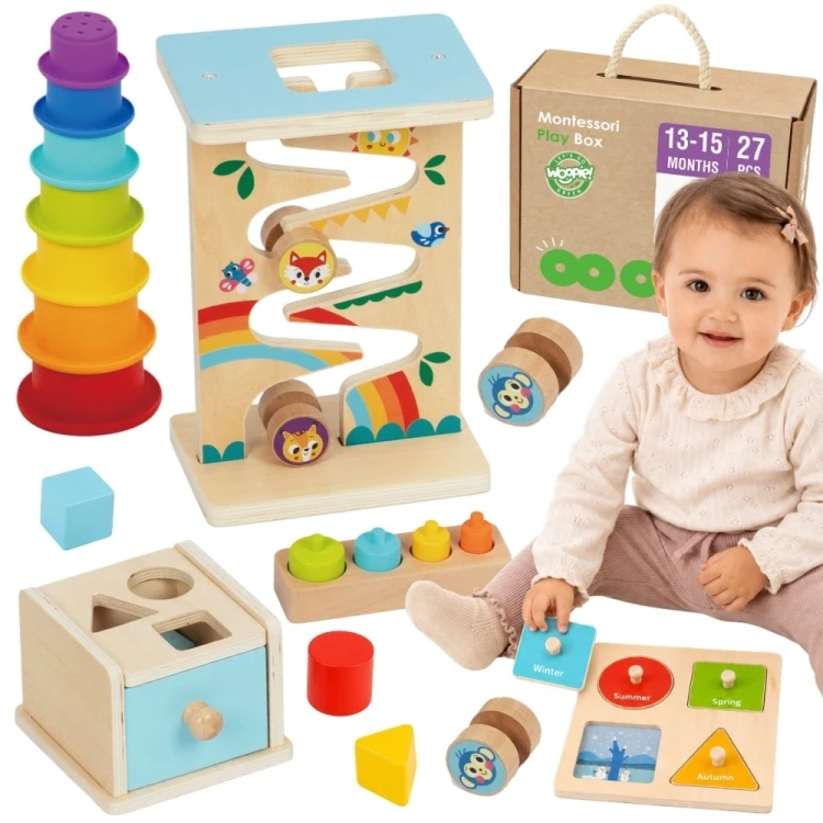 Pudełko Box 6w1 WOOPIE GREEN — komplet drewnianych zabawek Montessori w poręcznym organizerze