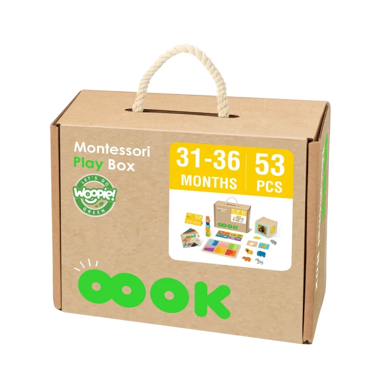 Opakowanie WOOPIE GREEN Box Montessori z oznaczeniem FSC — etykieta i detale kartonowego pudełka