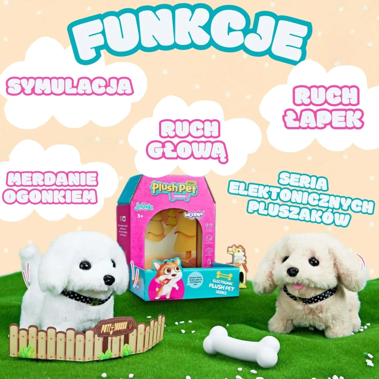 Pełna sylwetka Bichon Golden Retriever WOOPIE z kością — widok z boku prezentujący kształt i proporcje