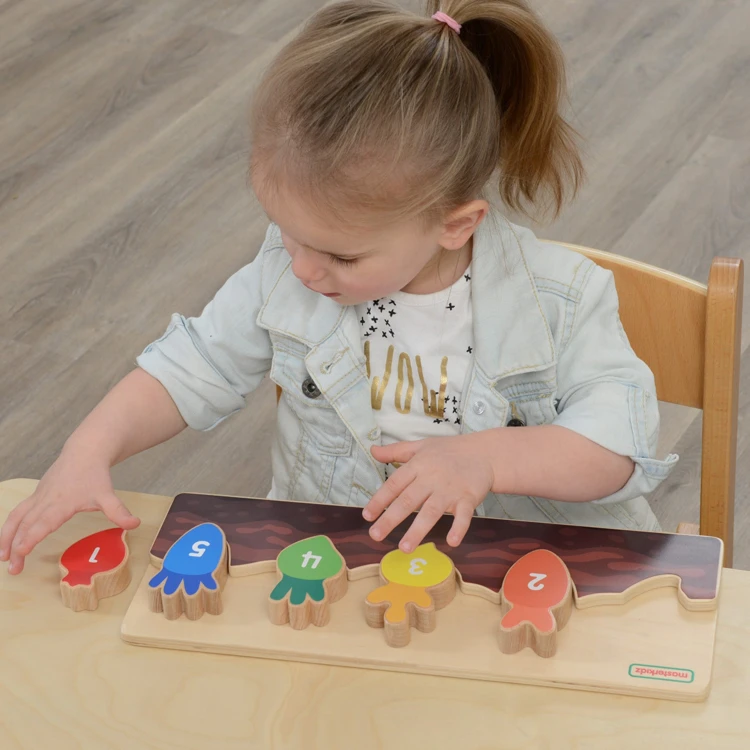 Widok z góry na drewnianą grządkę MASTERKIDZ — przegródki i kolorowe elementy do nauki rozróżniania barw