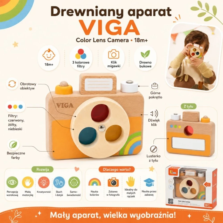 Zbliżenie na drewniany obiektyw i przycisk migawki VIGA, ukazujące żywe kolory oraz staranne wykończenie