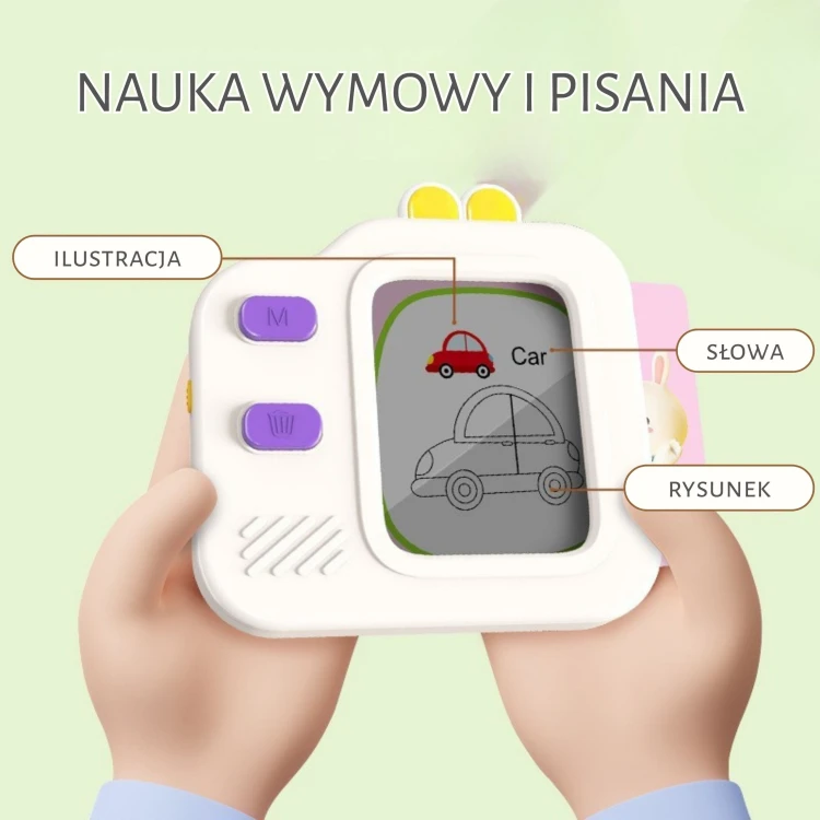 Karta edukacyjna z literami ułożona przy tablecie WOOPIE — zbliżenie na materiał dydaktyczny używany z urządzeniem