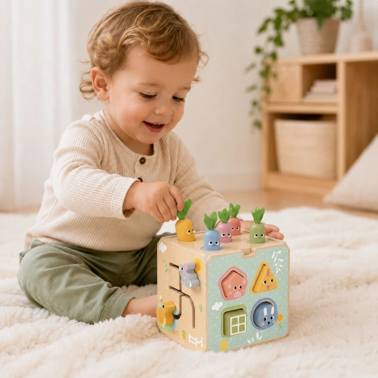 Kostka 5w1 w aranżacji — wszystkie strony z układankami, liczydłem i obrotowymi panelami TOOKY TOY