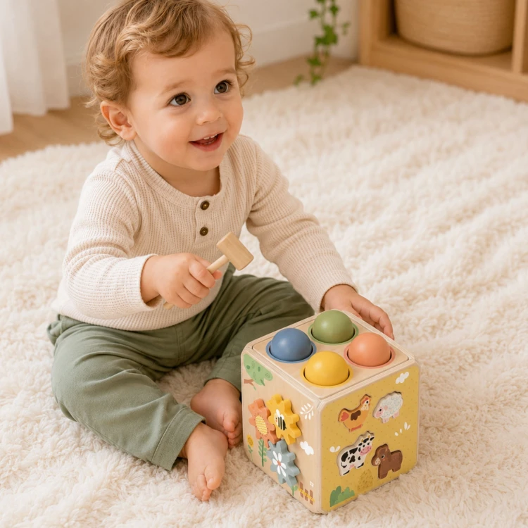 Zestaw elementów sensorycznych i ruchomych pionków obok kostki edukacyjnej, różnorodne zabawy TOOKY TOY