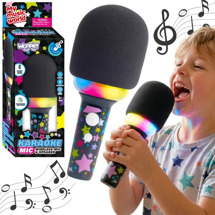 Bezprzewodowy mikrofon do karaoke WOOPIE z wbudowanym głośnikiem — widok frontowy i przyciski