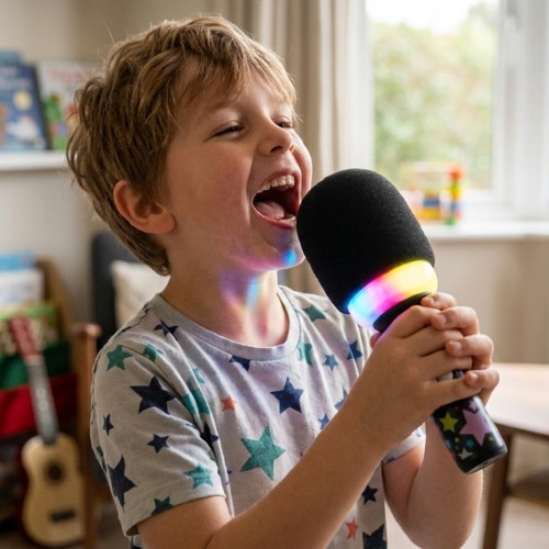 Boczny kadr mikrofonu WOOPIE do karaoke — widać obudowę, siatkę głośnika i pokrętła sterujące