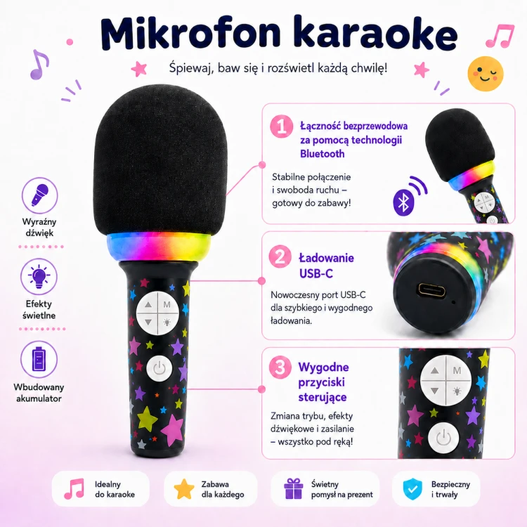 Ujęcie użytkowania mikrofonu WOOPIE — trzymany w dłoni, widoczne przyciski i diody gotowe do karaoke