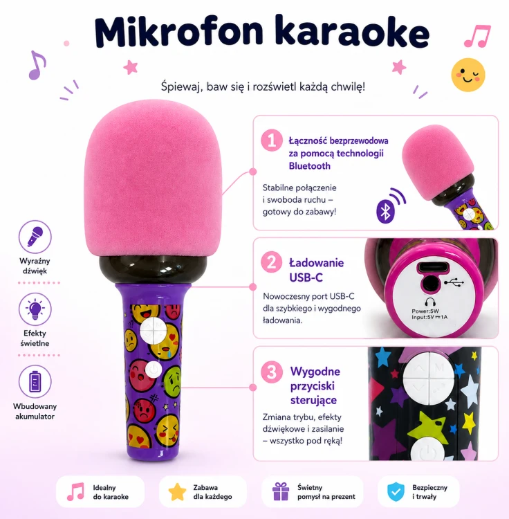 Kolorowe podświetlenie LED mikrofonu WOOPIE w użyciu podczas śpiewania — efekt świetlny na korpusie