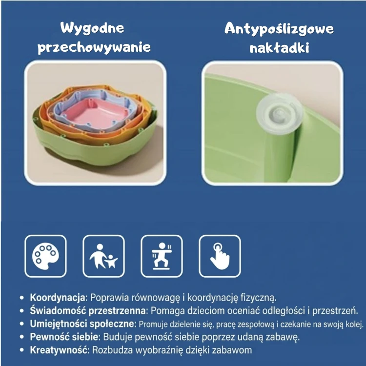 Widok boczny kamieni sensorycznych WOOPIE, prezentacja kolorów i rozmiarów