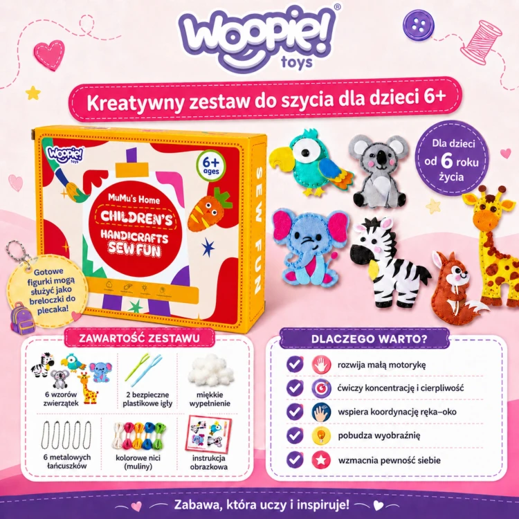 Metalowe łańcuszki kulkowe do breloczków w zestawie do szycia WOOPIE