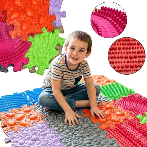 WOOPIE Mata Sensoryczna Ortopedyczna Puzzle 8 el. — widok całej maty ułożonej na podłodze, kolorowe pola
