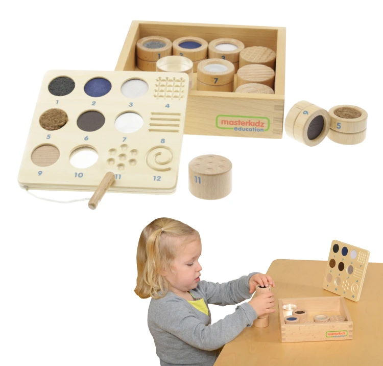 Zgaduj Dotykiem Materiał i Faktura 12 elementów Montessori 55 — zestaw do ćwiczeń dotyku w pudełku