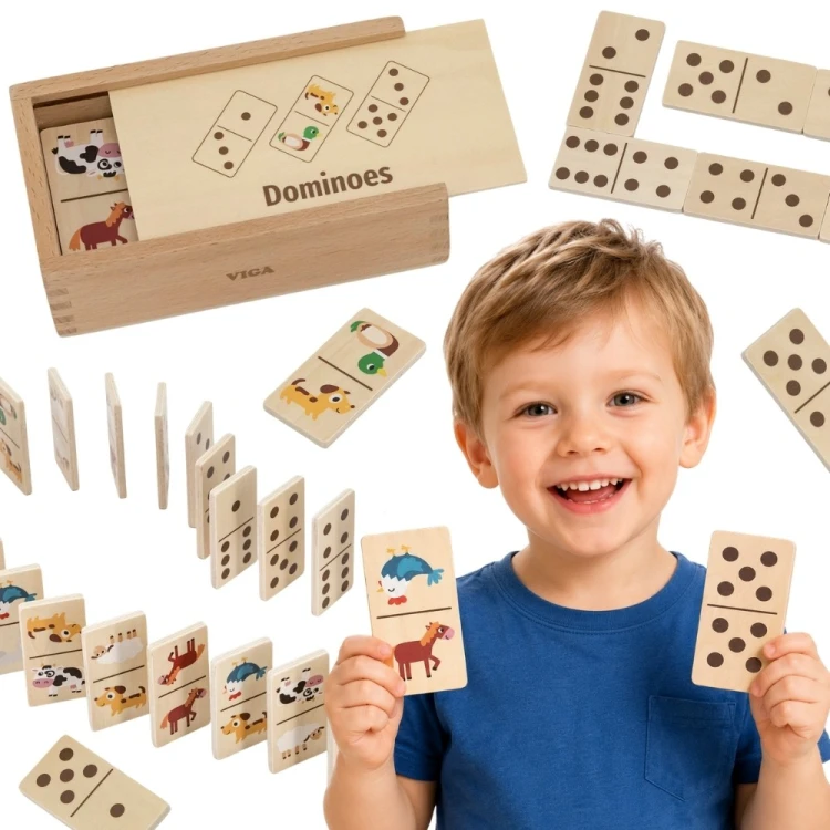 Drewniane Domino 2w1 VIGA — widok głównej planszy z kolorowymi zwierzętami i cyframi