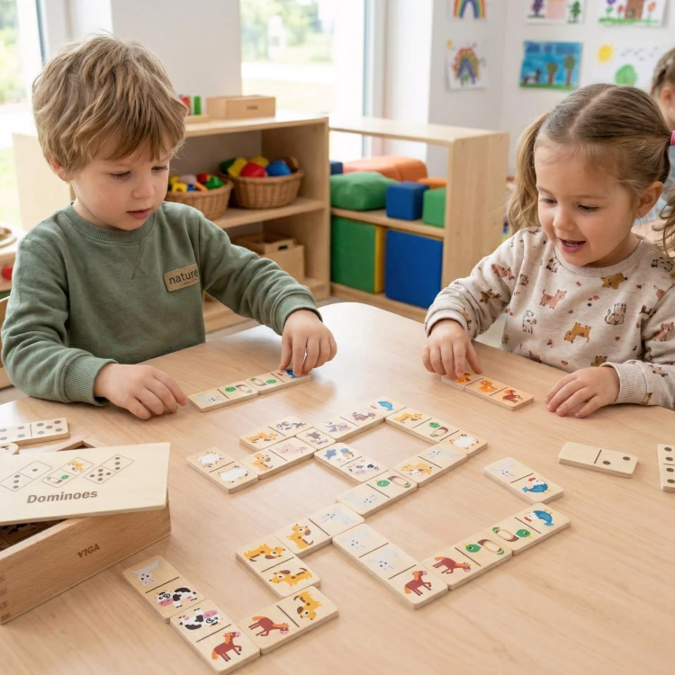 Elementy Domino 2w1 VIGA rozsypane na stole — układ prezentujący pary zwierząt i cyfrowe oznaczenia
