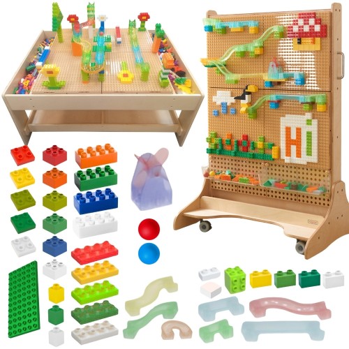 Zestaw klocków konstrukcyjnych Tor Kulkowy STEM 359 el. MASTERKIDZ — otwarte opakowanie z kolorowymi elementami