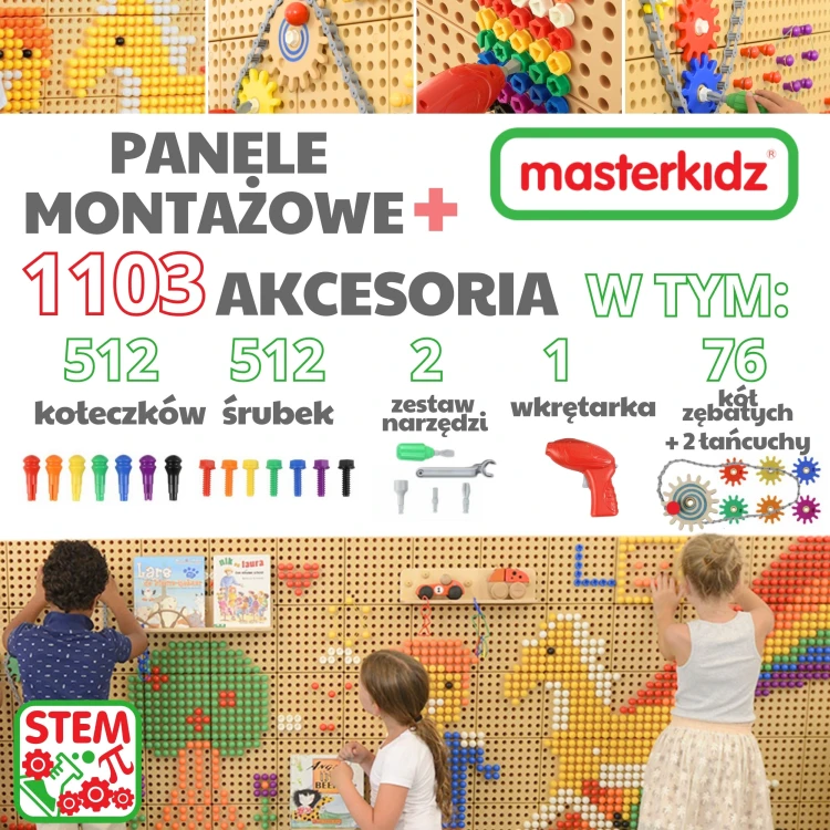 Panel montażowy MASTERKIDZ — zbliżenie na kolorowe elementy i uchwyty montażowe