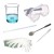 Zbliżenie na elementy zestawu: bagietki szklane, łyżko-szpatułki i pipety Pasteura obok opakowania z 100 rękawicami