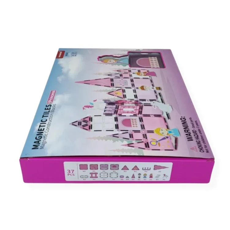 Zestaw klocków magnetycznych w opakowaniu pokazujący wymiary pudełka 36×27×6 cm i ładne ułożenie elementów