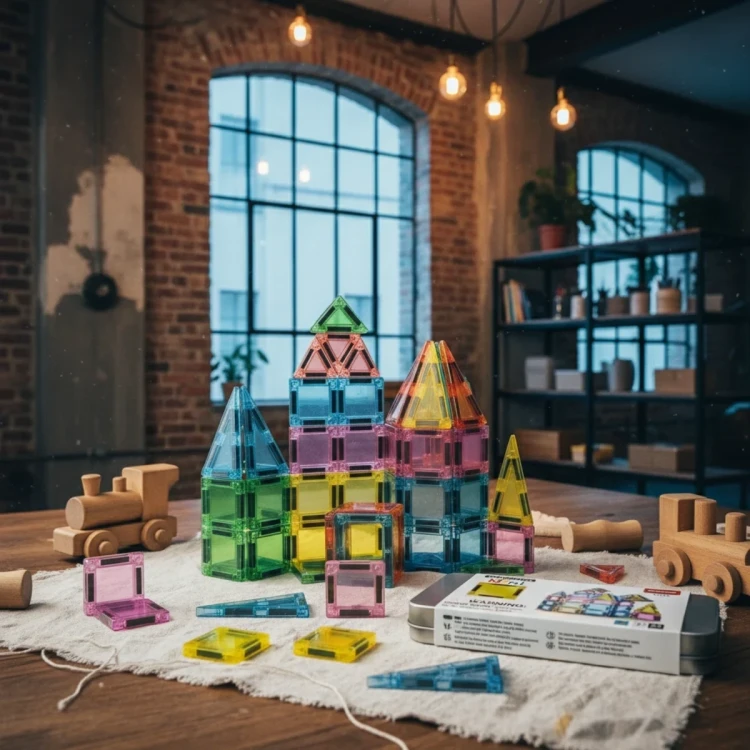 Dziecko bawiące się klockami magnetycznymi X-Bida, buduje prostą konstrukcję 3D z kwadratów i trójkątów